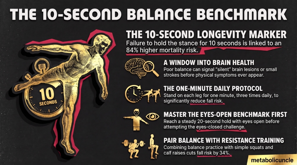 Infographic, Can you stand on one leg for 10 seconds: the single-leg stance narrowing the base of support to one foot, one in five adults over fifty failing the ten-second hold, the 84 percent higher mortality risk over seven years of follow-up, brain scans linking short stance times to silent small-vessel damage, and the trial protocol of one minute per leg three times a day cutting falls