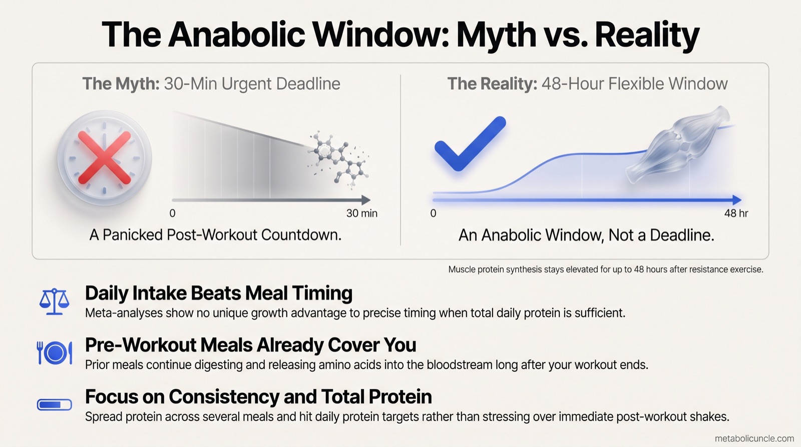 Infographic, The Anabolic Window: Myth vs. Reality comparing The Myth (30-Min Urgent Deadline, a panicked post-workout countdown) against The Reality (48-Hour Flexible Window where muscle protein synthesis stays elevated for up to 48 hours after resistance exercise), plus three takeaways: Daily Intake Beats Meal Timing, Pre-Workout Meals Already Cover You, and Focus on Consistency and Total Protein