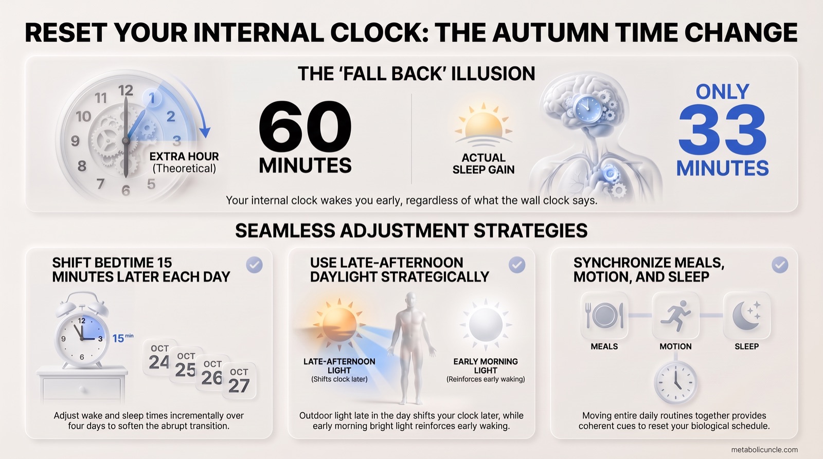 Infographic, Reset Your Internal Clock: The Autumn Time Change: comparing the 60-minute extra hour on the wall clock with the actual 33-minute sleep gain, plus three adjustment strategies: shifting bedtime 15 minutes later each day over four days, using late-afternoon daylight strategically, and synchronizing meals, motion, and sleep