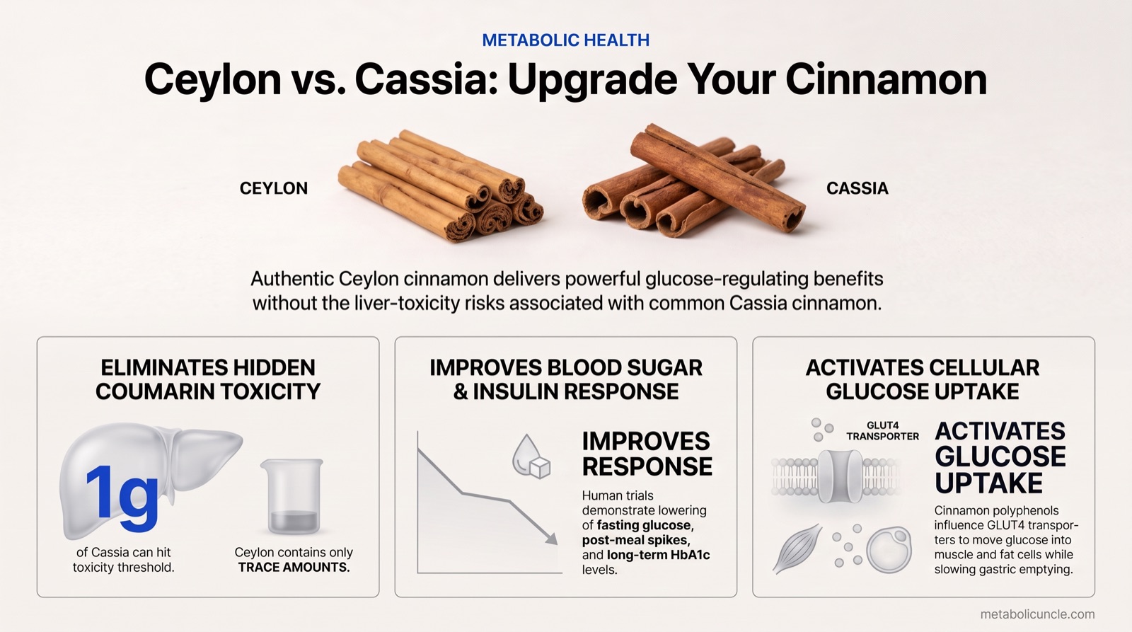 Infographic, Ceylon versus Cassia cinnamon: Cassia carrying several milligrams of coumarin per gram against trace amounts in Ceylon, the tolerable daily intake of 0.1 mg per kilogram body weight or 7 mg for a 70 kg adult, Ceylon sticks as many thin delicate layers versus thick hard Cassia bark, polyphenols influencing GLUT4 glucose uptake, and meta-analyses of 28 trials improving fasting glucose and HbA1c