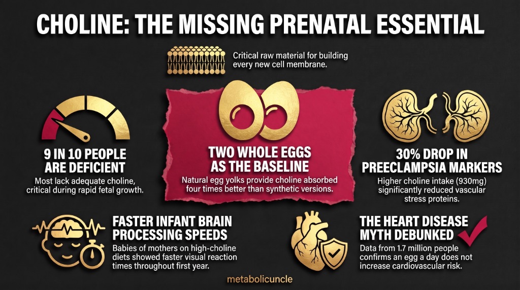 Infographic, 9 in 10 people run low on one nutrient, and pregnancy is where it matters most: choline as the raw material for cell walls and DNA methylation, the third-trimester trial of 480 versus 930 milligrams a day, placental sFLT1 dropping 30 percent on the higher intake, babies reacting faster on the visual test, egg yolk choline absorbing roughly four times better than synthetic choline bitartrate, and two whole eggs a day as the baseline