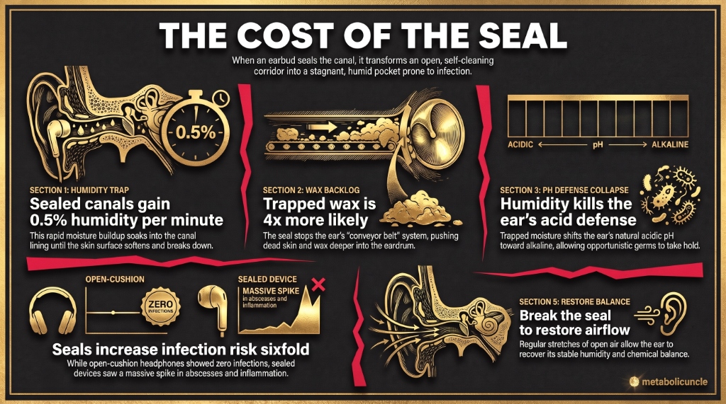Infographic, All-day headphone wear may raise your ear infection risk: an earbud tip sealing the canal into a closed pocket, humidity climbing about half a percent per minute under sealed protectors, a healthy canal holding 40 to 70 percent relative humidity, earwax at acidic pH 5.4 stopping bacteria and fungus, impacted wax in 16.5 versus 4.2 percent of matched wearers and non-wearers, and ventilation breaks restoring airflow