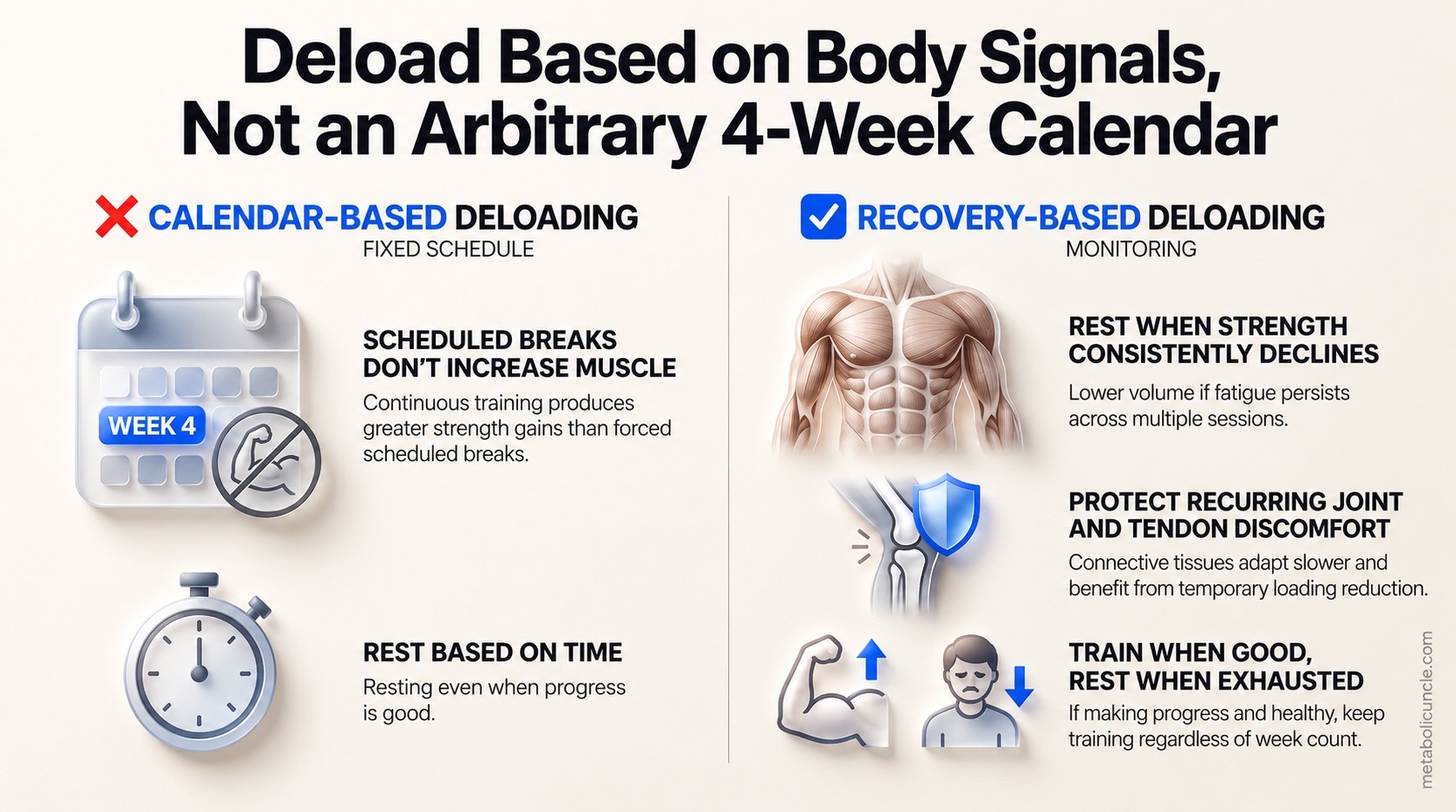Infographic, Deload Based on Body Signals, Not an Arbitrary 4-Week Calendar: left panel (Calendar-Based Deloading, Fixed Schedule) shows a Week 4 calendar and stopwatch explaining that scheduled breaks do not increase muscle, continuous training produces greater strength gains than forced scheduled breaks, and time-based rules make you rest even when progress is good; right panel (Recovery-Based Deloading, Monitoring) shows muscle, joint tendon, and fatigue icons explaining to lower volume when strength consistently declines across multiple sessions, protect slower-adapting connective tissues from recurring joint and tendon discomfort with temporary loading reductions, and keep training regardless of week count when healthy and progressing.