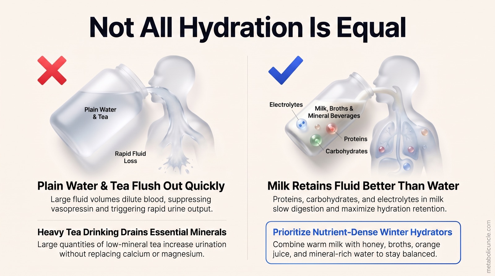 Infographic, Not All Hydration Is Equal: left panel (Plain Water and Tea Flush Out Quickly) shows plain water and tea triggering rapid fluid loss because large fluid volumes dilute blood, suppressing vasopressin and triggering rapid urine output, while heavy tea drinking with low-mineral water increases urination without replacing calcium or magnesium; right panel (Milk Retains Fluid Better Than Water) shows milk, broths, and mineral beverages delivering electrolytes, proteins, and carbohydrates that slow digestion and maximize hydration retention, with a callout to prioritize nutrient-dense winter hydrators by combining warm milk with honey, broths, orange juice, and mineral-rich water.