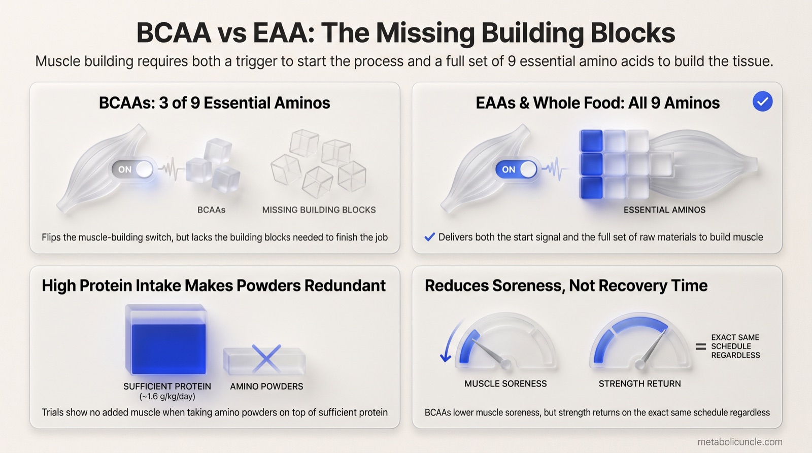 Infographic, BCAA vs EAA: The Missing Building Blocks showing four panels: BCAAs: 3 of 9 Essential Aminos (flips the muscle-building switch, but lacks the 6 missing building blocks needed to finish the job), EAAs & Whole Food: All 9 Aminos (delivers both the start signal and the full set of 9 essential amino acids to build muscle), High Protein Intake Makes Powders Redundant (trials show no added muscle when taking amino powders on top of sufficient protein at ~1.6 g/kg/day), and Reduces Soreness, Not Recovery Time (BCAAs lower muscle soreness, but strength returns on the exact same schedule regardless)