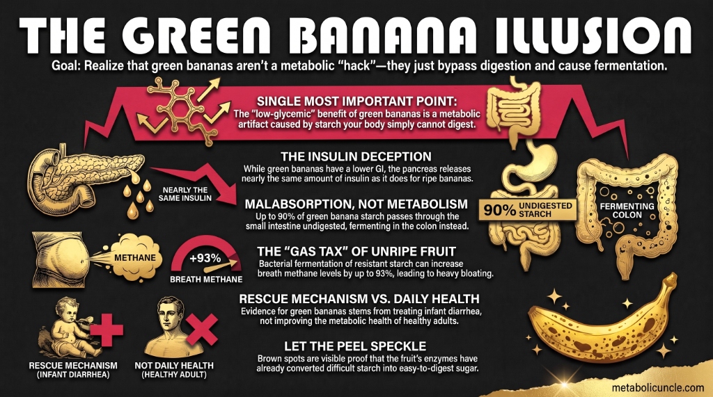 Infographic, The low-glycemic banana is an illusion: glycemic index 43 for green versus 74 for ripe with near-identical insulin release, up to 90 percent of green-banana starch escaping digestion to ferment in the colon, starch falling from 37 to 3 percent of dry weight as brown speckles form, breath hydrogen rising 35 percent after resistant starch, and the fully speckled peel as the stage to eat