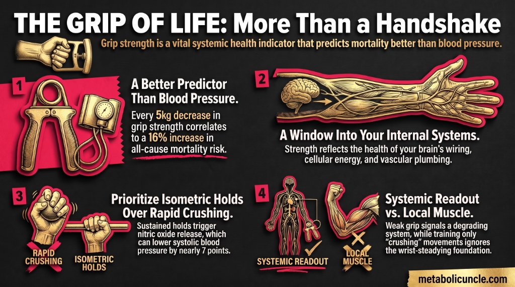Infographic, The grip of life: more than a handshake. Grip strength predicts mortality better than blood pressure: a 16 percent higher death risk per 5 kilograms of lost grip strength, grip as a readout of nerve signaling, cellular energy, and vascular plumbing, sustained isometric holds versus rapid crushing, and a near 7 point systolic blood pressure drop from isometric training