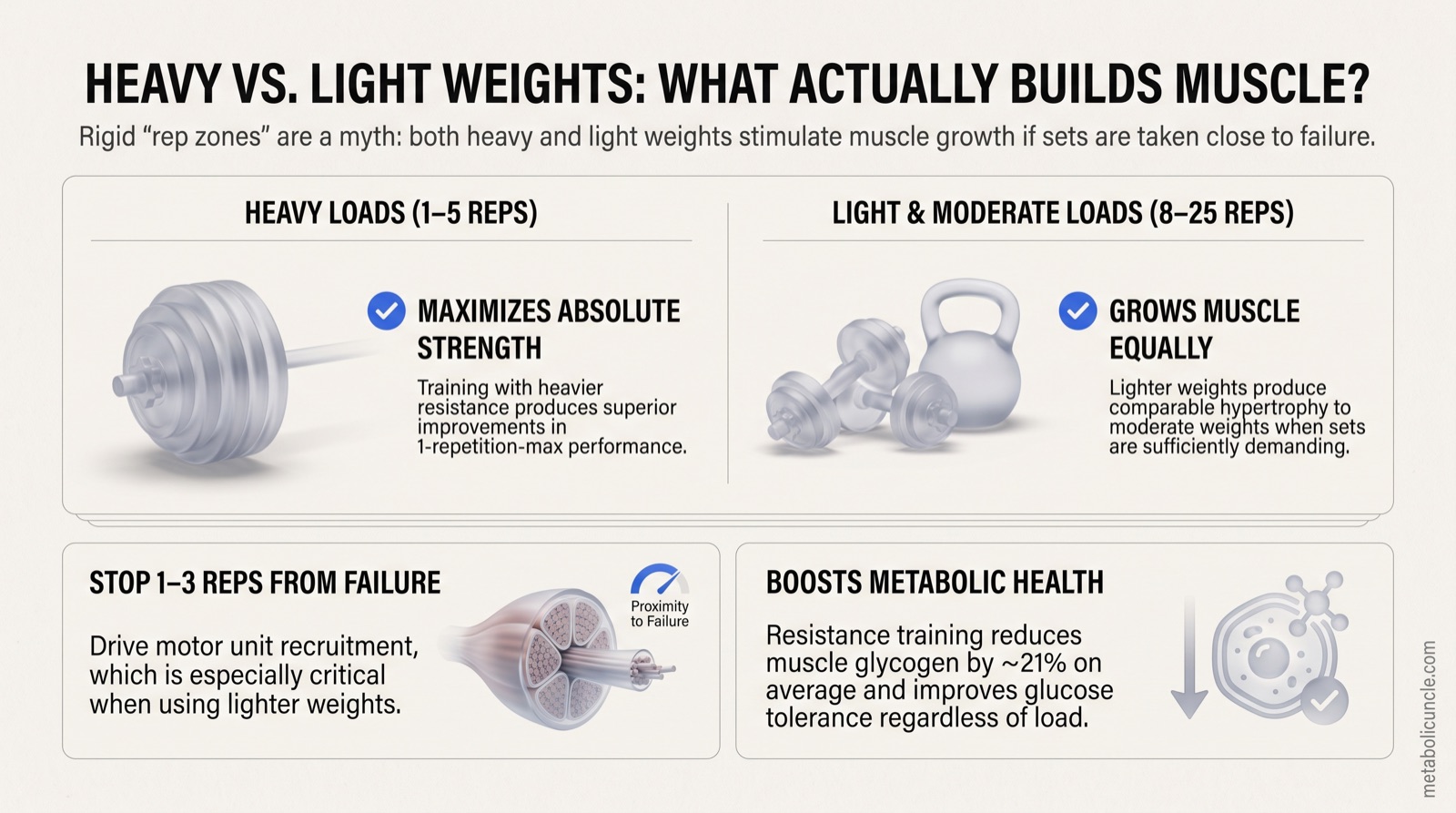 Infographic, Heavy versus light weight training: comparable hypertrophy from 20-25 repetition light-load sets and 8-12 repetition heavy sets when effort is sufficient, repetitions in reserve as the effort dial, heavy loading winning maximal strength, resistance exercise depleting muscle glycogen about 21 percent on average, and both loading styles improving post-exercise glucose tolerance