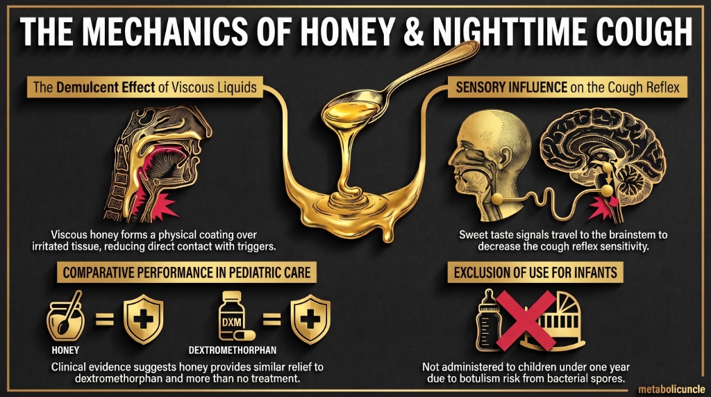 Infographic, Honey and nighttime cough: how sweetness may help: sensory airway nerves feeding the brainstem cough reflex, honey coating irritated throat tissue as a demulcent, sweet taste raising the irritant threshold needed to trigger coughing, the Cochrane review of six trials in 899 children, 10 grams thirty minutes before bed at ages one to five, and the under-one-year botulism exclusion