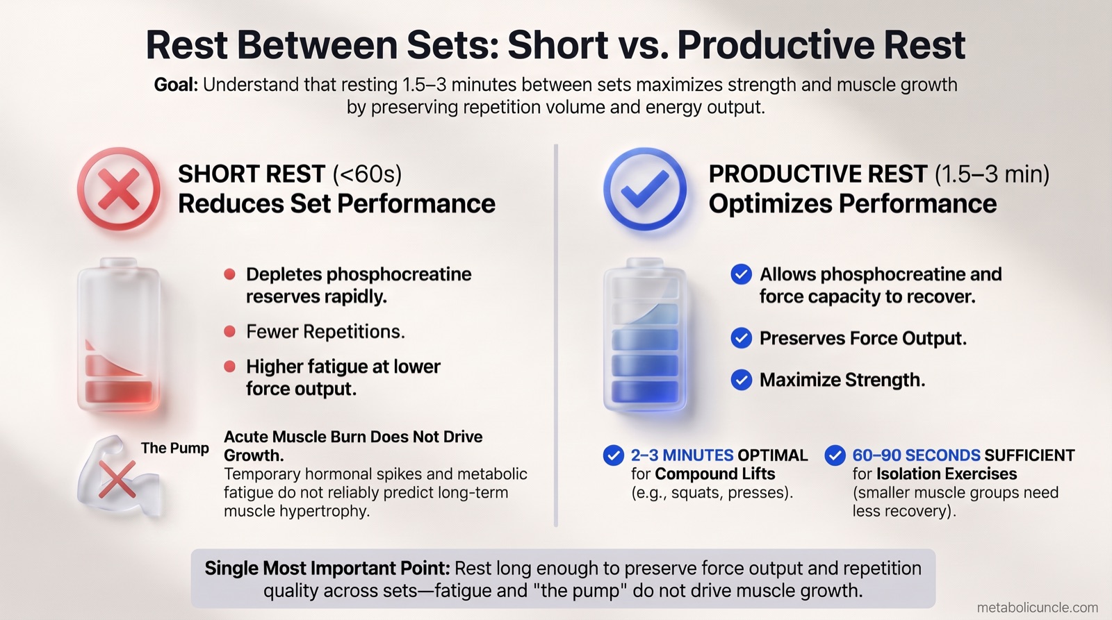 Infographic, Rest Between Sets: Short vs. Productive Rest showing that resting 1.5-3 minutes between sets maximizes strength and muscle growth by preserving repetition volume and energy output: left panel (Short Rest under 60 seconds Reduces Set Performance) shows a depleted battery and a crossed-out flexed arm for The Pump, explaining that short breaks deplete phosphocreatine reserves rapidly, result in fewer repetitions and higher fatigue at lower force output, and that acute muscle burn, temporary hormonal spikes, and metabolic fatigue do not reliably predict long-term muscle hypertrophy; right panel (Productive Rest of 1.5-3 minutes Optimizes Performance) shows a recharged battery explaining that longer recovery allows phosphocreatine and force capacity to recover, preserves force output, and maximizes strength, with 2-3 minutes optimal for compound lifts like squats and presses and 60-90 seconds sufficient for smaller isolation exercises; bottom banner concludes to rest long enough to preserve force output and repetition quality across sets.