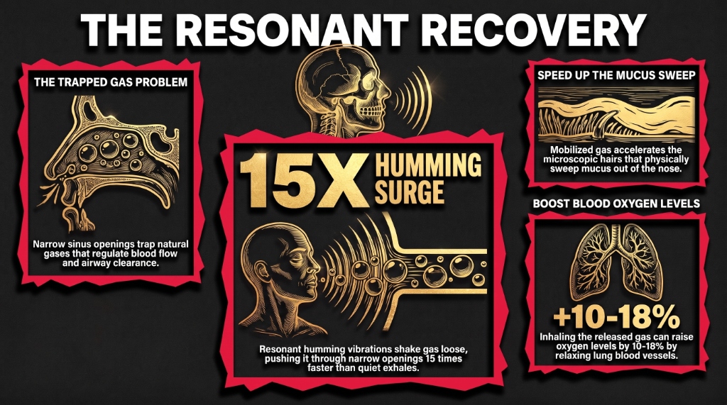 Infographic, The sound that clears a blocked nose: a low humming exhale vibrating the sinus cavities, nasal output of the regulatory gas rising 15-fold versus quiet breathing, the gas steering blood flow toward fresh-air sacs in the lungs, cilia sweeping mucus faster, ventilator patients gaining 18 percent blood oxygen, and the 3-minute refill window between humming rounds