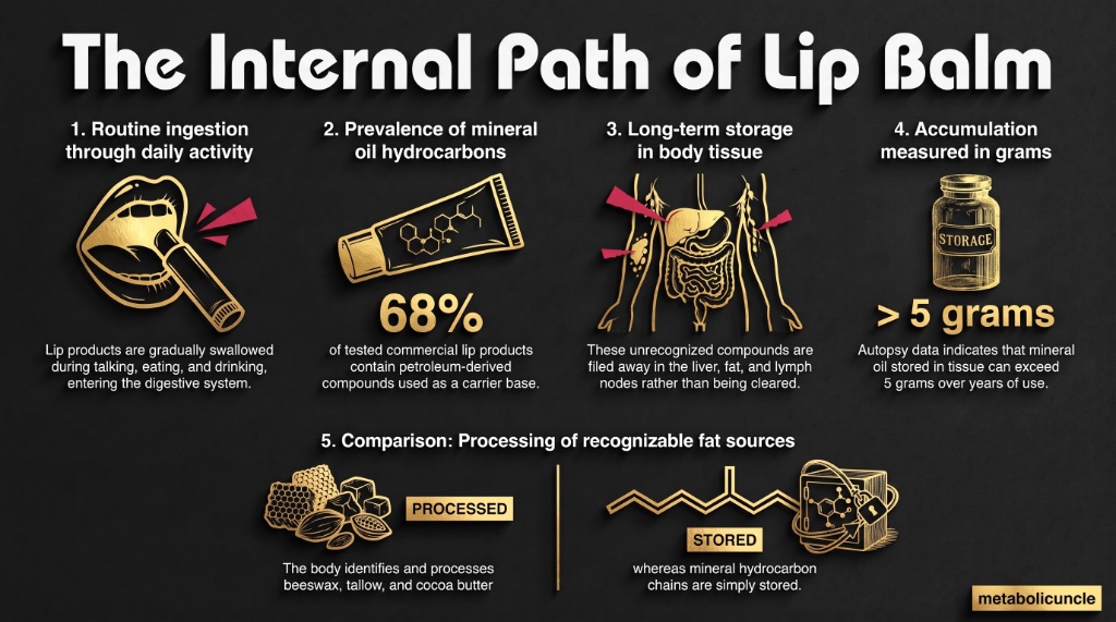Infographic, Lip balm: what doesn't stay on your lips ends up in your body: reapplication and swallowing carrying the balm down to the gut and liver, 68 percent of tested lip products carrying at least 5 percent mineral oil saturated hydrocarbons, regular lipstick use predicting contamination in fat tissue at a median 52.5 milligrams per kilogram, a quarter of autopsied bodies storing more than 5 grams, and beeswax, tallow or cocoa butter as the alternative base