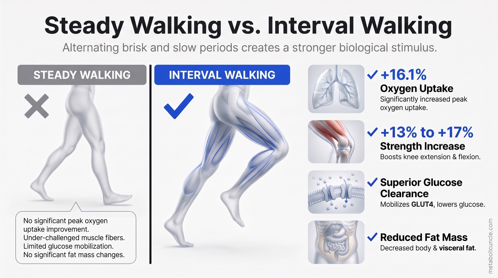 Infographic, Steady walking versus interval walking: 3 minutes fast plus 3 minutes slow repeated, fast intervals above roughly 70 percent of peak walking capacity, peak oxygen uptake rising 16.1 percent in type 2 diabetes over four months, knee extension strength up 13 percent and flexion 17 percent, same-day glucose clearance improving, and aerobic gains flattening around 50 fast minutes per week