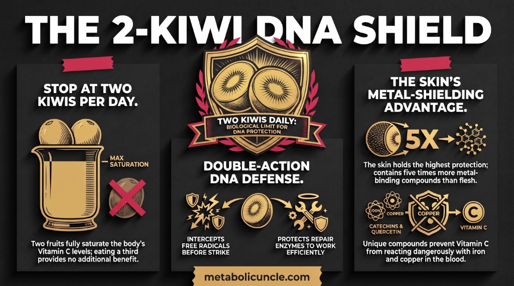 Infographic, The fruit that protects your DNA: kiwifruit lowering oxidative DNA damage in white blood cells, plasma vitamin C saturating at two fruits a day with a third cleared away in urine, peel flavonoids at 12.8 versus 2.7 milligrams per gram shielding vitamin C from loose iron and copper, and the vitamin C to vitamin E antioxidant relay across cell fluid and membrane
