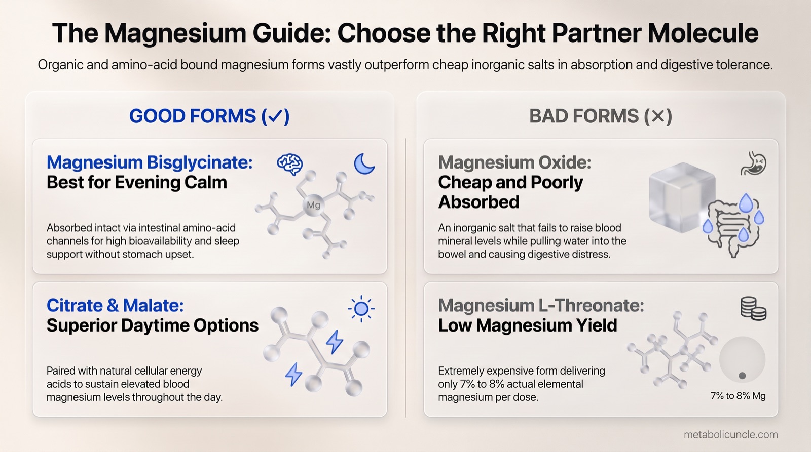 Infographic, The Magnesium Guide: Choose the Right Partner Molecule: Organic and amino-acid bound magnesium forms vastly outperform cheap inorganic salts in absorption and digestive tolerance. Compares Good Forms (Magnesium Bisglycinate: Best for Evening Calm, absorbed intact via intestinal amino-acid channels for high bioavailability and sleep support without stomach upset; Citrate and Malate: Superior Daytime Options, paired with natural cellular energy acids to sustain elevated blood magnesium levels throughout the day) against Bad Forms (Magnesium Oxide: Cheap and Poorly Absorbed, an inorganic salt that fails to raise blood mineral levels while pulling water into the bowel and causing digestive distress; Magnesium L-Threonate: Low Magnesium Yield, extremely expensive form delivering only 7% to 8% actual elemental magnesium per dose).