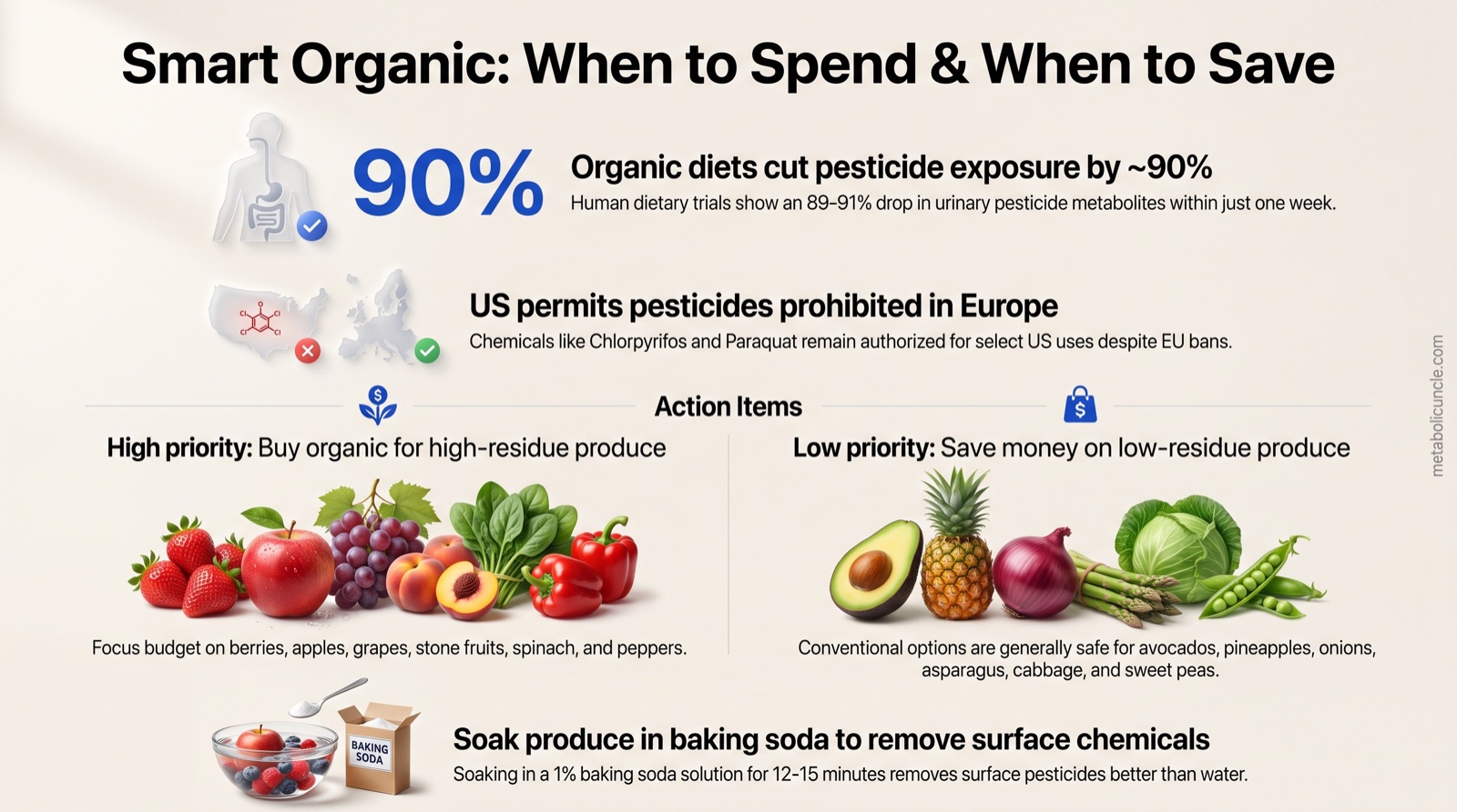 Infographic, Smart organic produce buying guide: a one-week organic diet reducing organophosphate metabolites 89 percent, a Mediterranean-diet trial showing roughly 91 percent lower urinary pesticide excretion, organic crops averaging about 48 percent less cadmium, chlorpyrifos and paraquat authorized for restricted United States uses while prohibited in the EU, higher-priority produce like berries apples grapes and spinach, and a 1 percent baking soda soak outperforming water on apples