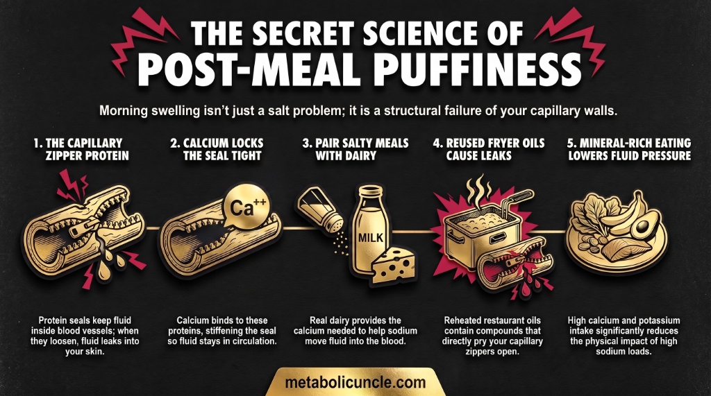 Infographic, The salt paradox and post-meal puffiness: why salt alone does not decide where fluid sits. Panels on the capillary zipper protein that calcium locks shut, the 550 milliequivalent sodium trial where blood volume rose 315 milliliters while total body water stayed flat, reused frying oil attacking the same seal, and the fixes of dairy calcium, sparkling mineral water, potassium, and cleaner cooking fats