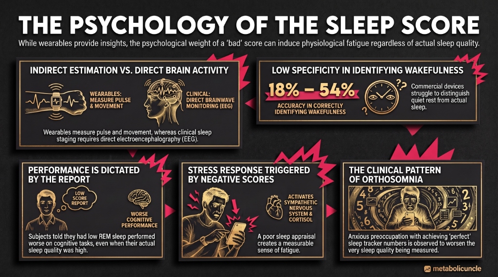 Infographic, Why a bad sleep score can leave you more tired than the night did: a ring reading pulse and movement while the lab reads EEG delta waves, a leading ring scoring 96 percent of real sleep but only 48 percent of wakefulness, deep sleep measured about twenty minutes short and REM seventeen long, undergraduates told a lower REM figure performing worse, and the thirty-day break from the nightly score
