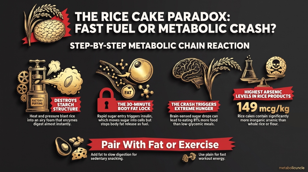 Infographic, Rice cakes: clean fast-energy source or unnecessary crash: puffed-rice starch as an airy foam digesting far faster than intact cooked grains, the early insulin release locking body fat within 30 minutes, teenage boys eating 53 percent more food after a high-glycemic meal, rice cakes topping the arsenic survey at 149 micrograms per kilogram, and butter or olive oil slowing stomach emptying to flatten the spike