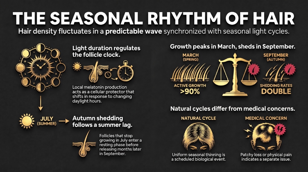 Infographic, Is seasonal hair loss real: the follicle cycle of growing, shutting down, resting and releasing, active growth peaking above 90 percent of follicles in March and falling to September, shedding peaking in August and September near 60 hairs a day or more than double the winter rate, sunshine hours driving the timing, and the months-long rest between a follicle stopping growth and the hair releasing