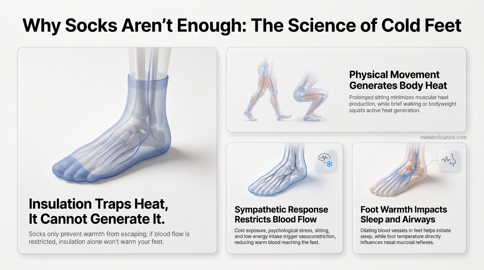 Infographic, Why Socks Aren't Enough: The Science of Cold Feet: insulation traps heat rather than generating it, physical movement such as walking or squats generates muscular heat after prolonged sitting, sympathetic responses restrict peripheral blood flow, and foot warmth influences sleep onset and nasal mucosal reflexes