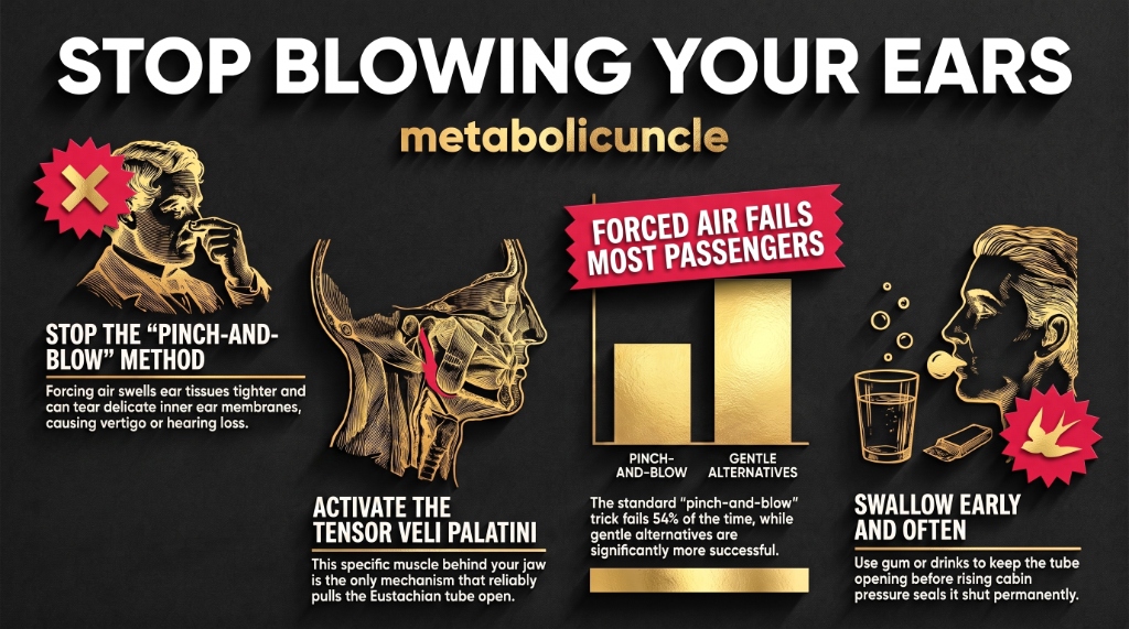 Infographic, Stop blowing your ears: the pinch-and-blow pushing blood backward into the veins around a sealed Eustachian tube, the tensor veli palatini muscle bending around a hook of bone to tug the tube open on every swallow, the tube popping open in 94 percent of healthy lab attempts versus 42 to 58 percent in problem tubes, the pinch-and-blow working only 46 percent in airline passengers, and the nasal balloon clearing 73 percent of the failures