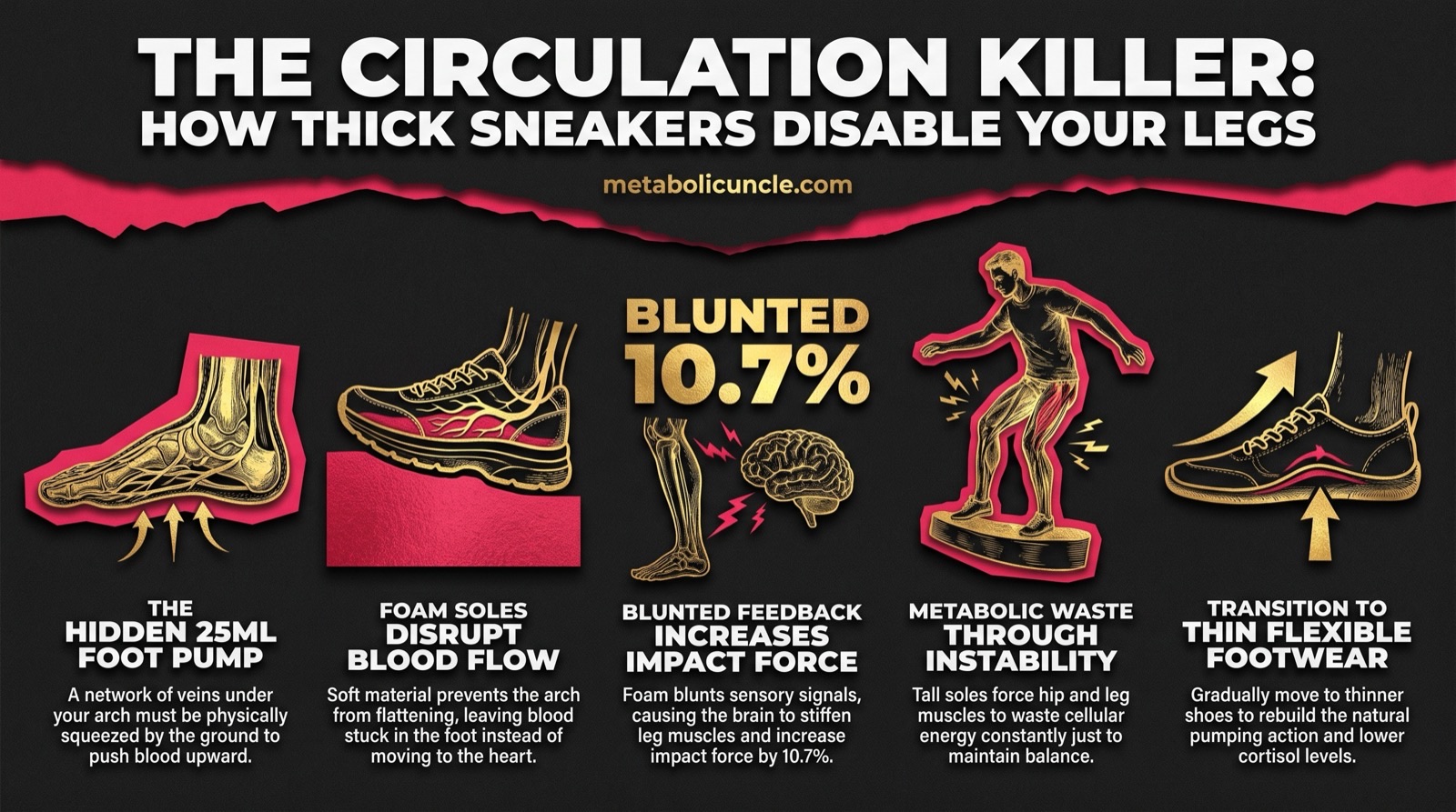 The circulation killer: how thick sneakers disable your legs — the hidden 25 ml foot pump, foam soles disrupting blood flow, blunted feedback raising impact force, metabolic waste from instability, and the transition to thin flexible footwear