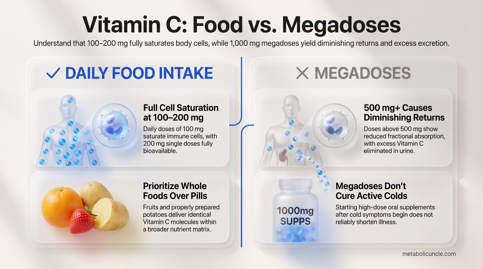 Infographic, Vitamin C food versus megadoses: 100 mg daily saturating several circulating immune-cell populations, fractional absorption declining above 500 mg single doses, regular supplementation modestly shortening colds but not preventing them in the general population, comparable long-term availability from food and tablets, and potatoes cooked skin-on losing far less vitamin C
