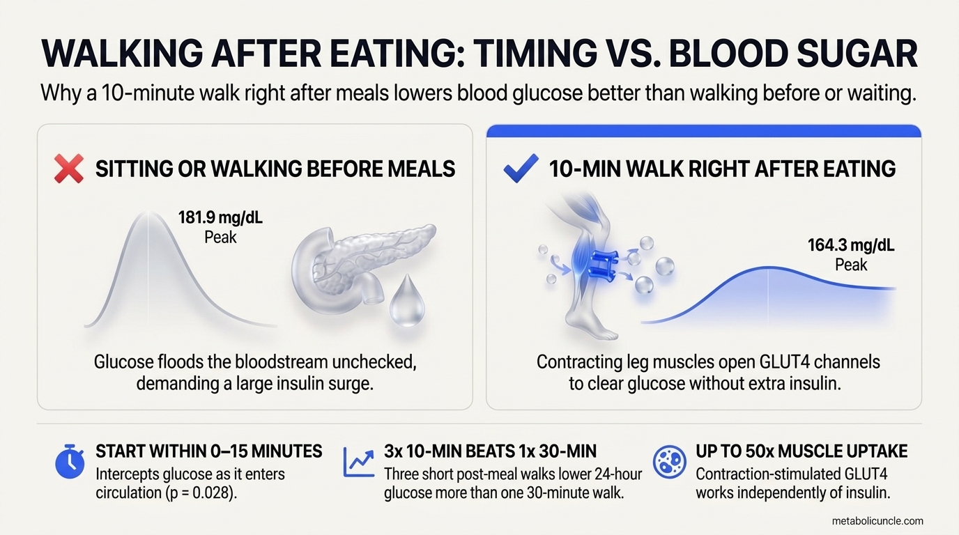 Infographic, Walking After Eating: Post-Meal Timing vs. Blood Sugar Spike comparing a steep blood glucose peak (near 290 mg/dL at 60 to 90 minutes) with high insulin demand when walking before or hours later against a 20 to 30 percent lower peak when starting a 10 to 15 minute walk 15 to 30 minutes after eating via working leg muscle contraction and insulin-independent GLUT4 translocation, plus three takeaways: The 15 to 30 Minute Window, Three 10-Min Walks Beat One 30-Min Walk, and Muscle Contraction Opens GLUT4 Channels