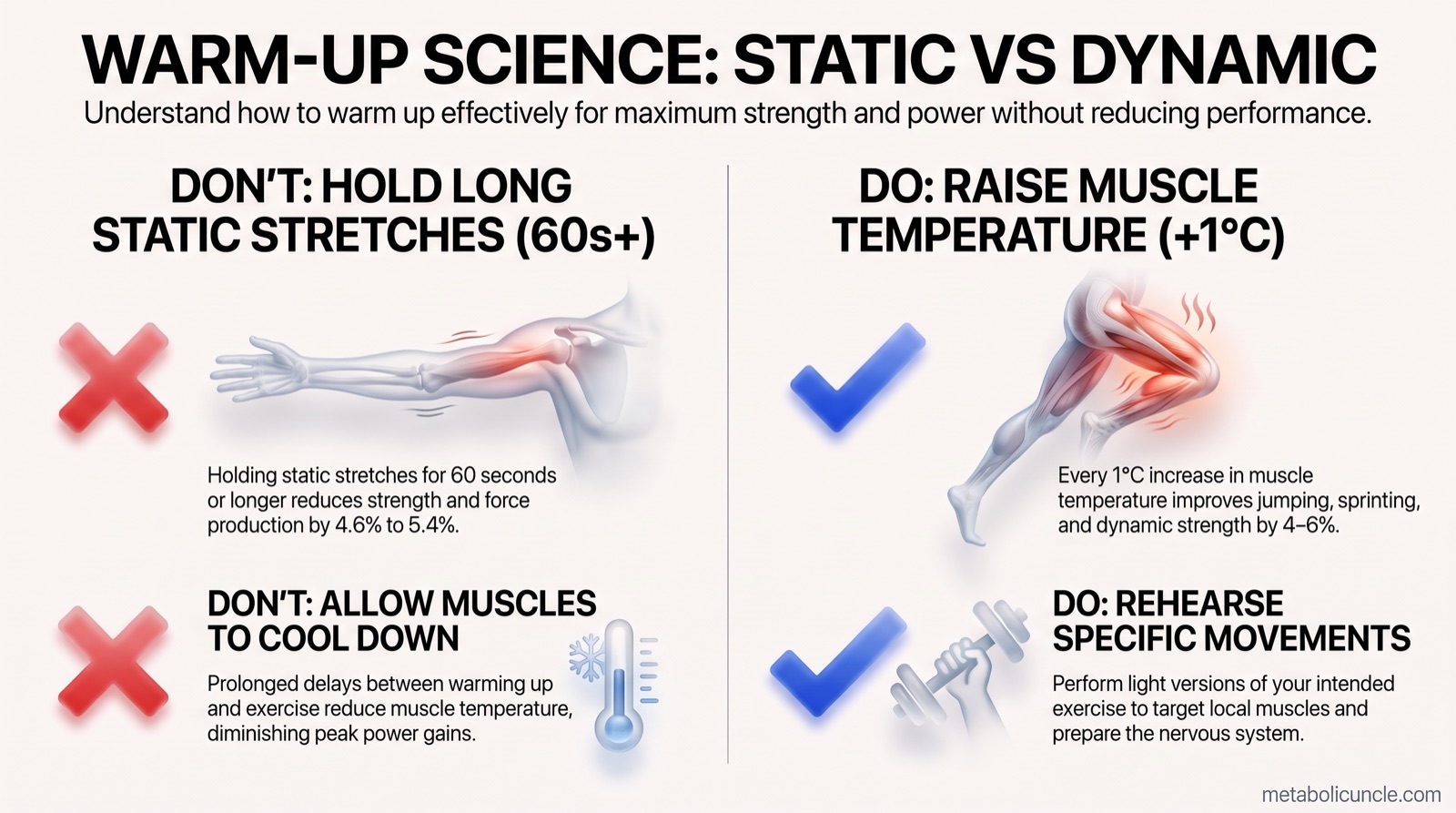 Infographic, Warm-up science, static versus dynamic: dynamic strength and power improving roughly 4 to 6 percent per degree Celsius of muscle temperature, sprint cyclists keeping peak power 9.6 percent higher by preserving thigh warmth, 60-second static holds reducing later performance about 4.6 percent and maximal strength about 5.4 percent, dynamic stretching producing a small improvement, and an illustrative 20-40-60-80 percent approach-set progression