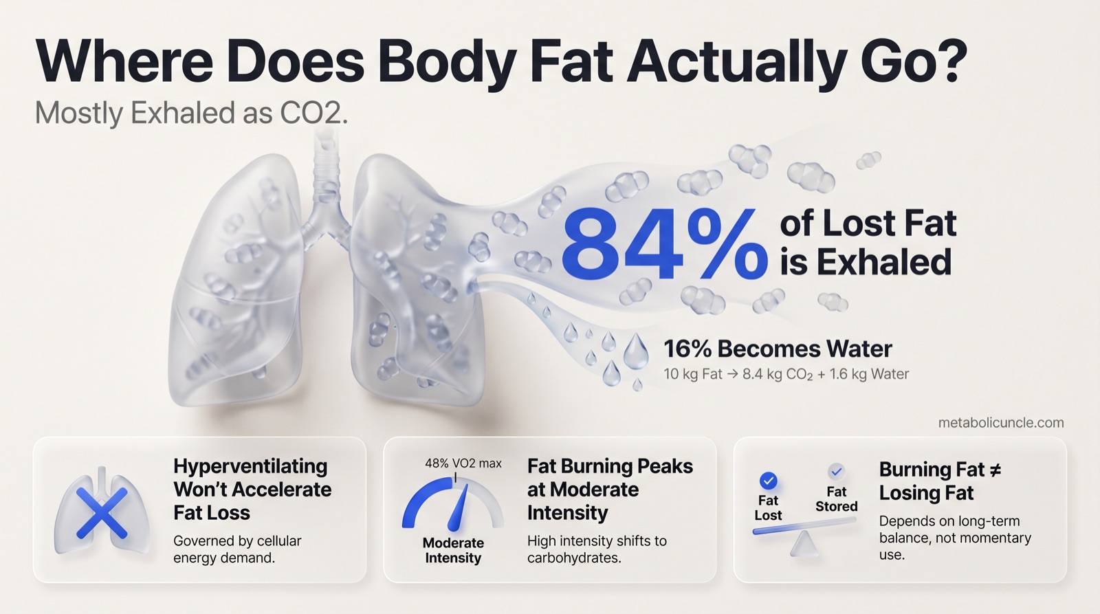Infographic, Where body fat actually goes: triglycerides broken down and oxidized to carbon dioxide and water, about 8.4 kg of every 10 kg of fat leaving through the lungs as exhaled CO2 and 1.6 kg as water, maximal fat oxidation near 48 percent of maximum oxygen uptake in 300 adults, the Bohr effect helping hemoglobin release oxygen, and hyperventilation lowering CO2 without improving power output