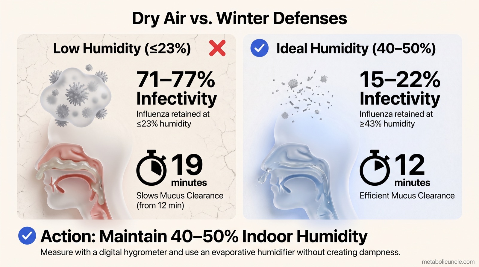 Infographic, Dry Air vs. Winter Defenses: comparing low humidity at 23 percent or below with 71 to 77 percent influenza infectivity and 19-minute nasal mucus clearance against ideal 40 to 50 percent indoor humidity with 15 to 22 percent infectivity at 43 percent or higher and 12-minute mucus clearance
