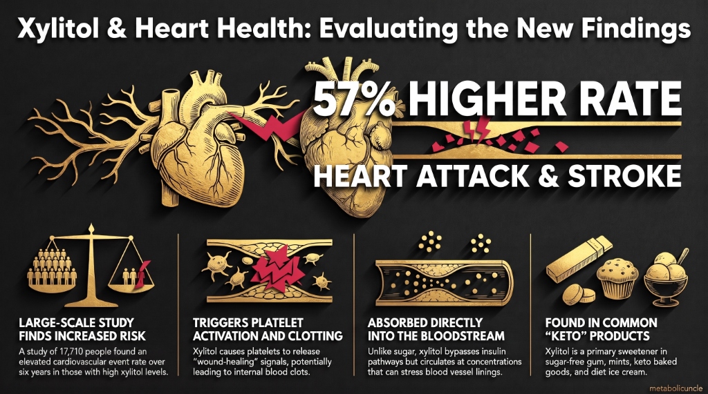 Infographic, The sugar-free sweetener tied to a 57 percent higher rate of heart attack and stroke: xylitol as the bulk base of keto baked goods, protein bars, zero-sugar chocolate and diet ice cream, a 30 gram erythritol drink sending blood polyols more than a thousandfold above fasting levels, platelets loosening their calcium lid to release serotonin and CXCL4, brain vessel cells losing nitric oxide output, and the 17,710 person cohort with 57 percent more cardiovascular events over six years