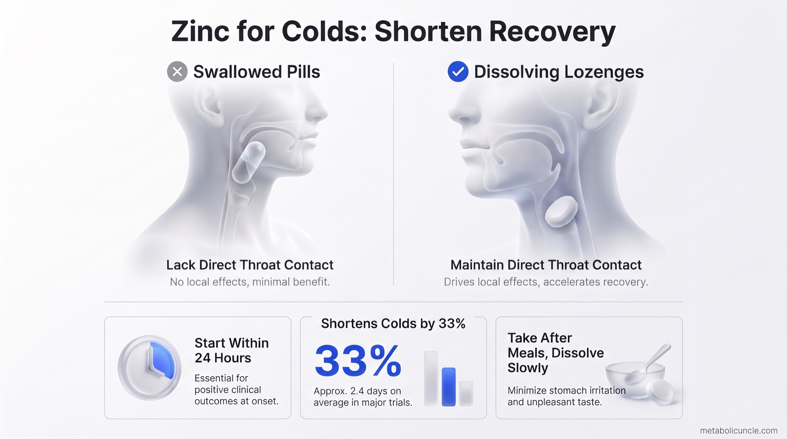 Infographic, Zinc for Colds: Shorten Recovery comparing swallowed zinc pills (Lack Direct Throat Contact: no local effects, minimal benefit) against dissolving zinc lozenges (Maintain Direct Throat Contact: drives local effects, accelerates recovery), with three clinical trial summary cards: Start Within 24 Hours (essential for positive clinical outcomes at onset), Shortens Colds by 33% (approx. 2.4 days on average in major zinc acetate and zinc gluconate trials), and Take After Meals, Dissolve Slowly (minimize stomach irritation and unpleasant taste)